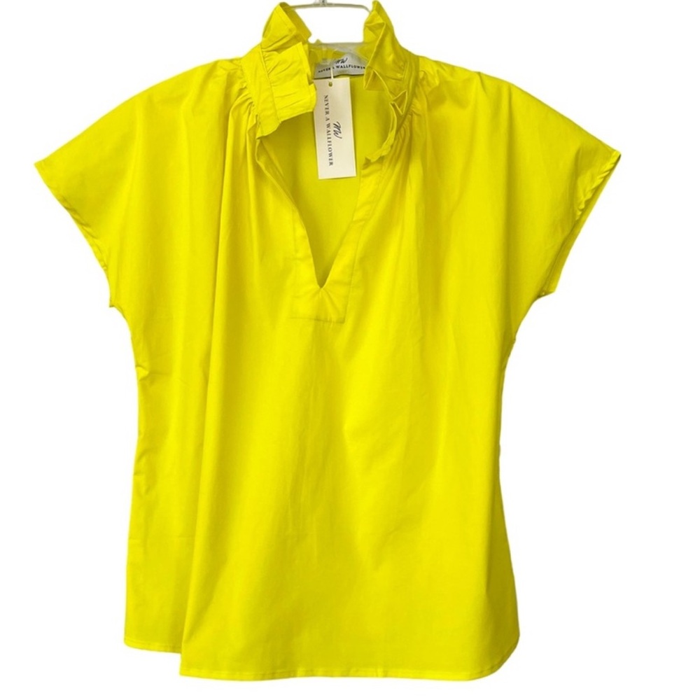 NEVER A WALLFLOWER Vicki SS Top, Citron Fizz Yellow, Cotton Ruffle Neck Poplin
